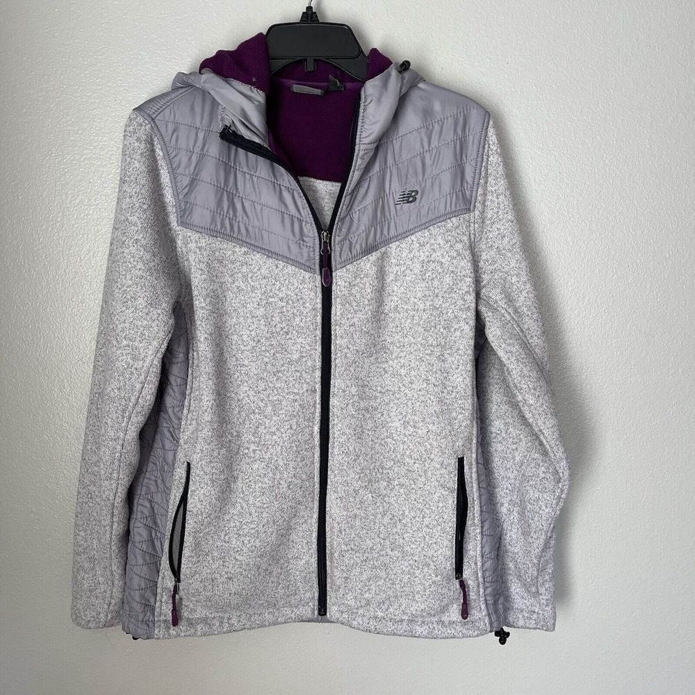 New Balance Hoodie Sweater Womens Large Gray Fleece Full Zip Pockets Long Sleeve